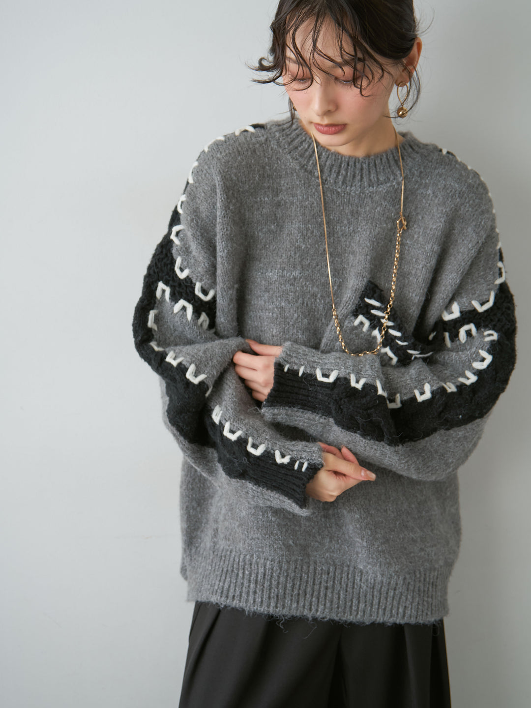 [予約]ハンドステッチデザインニットトップス/gray