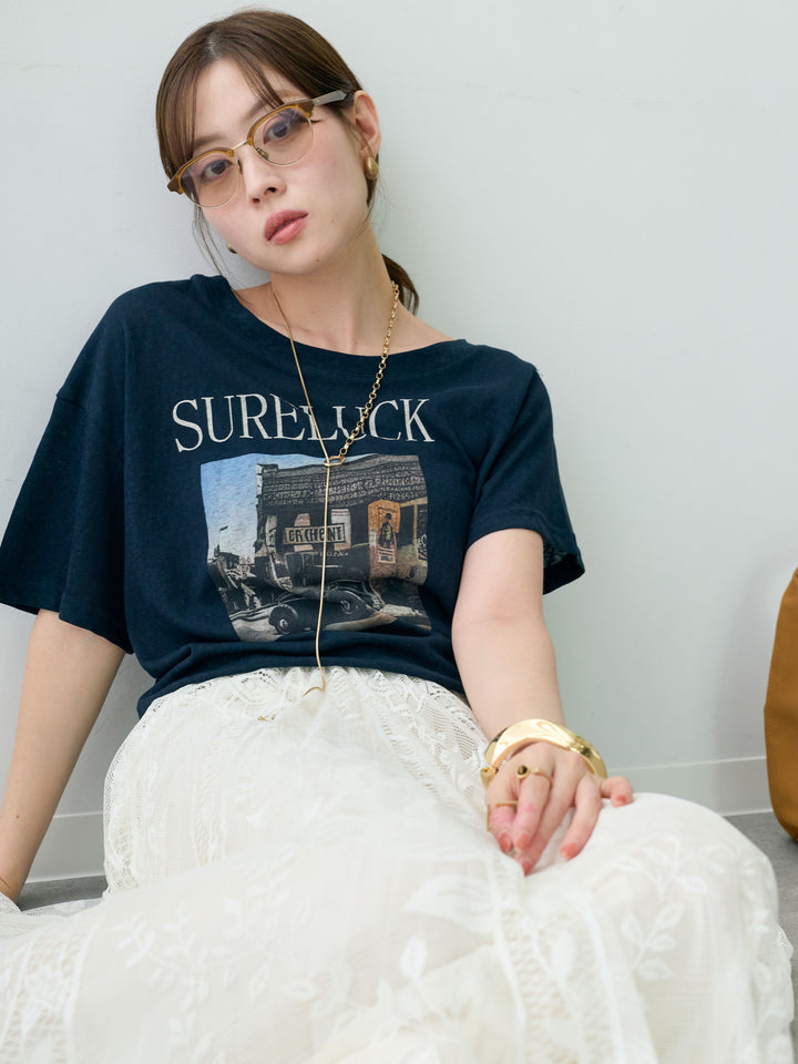 [SET]ワイドネックプリントTEE+ボタニカルパネルレースフレアスカート(2set)