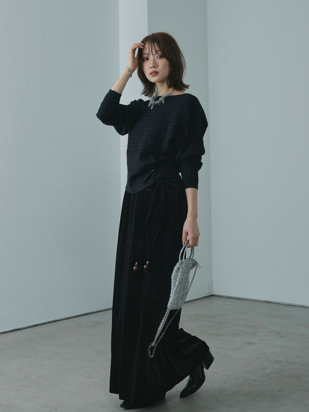 【Allure】[SET]ワンショルケーブル編みニット+ベロアナロースカート(2set)