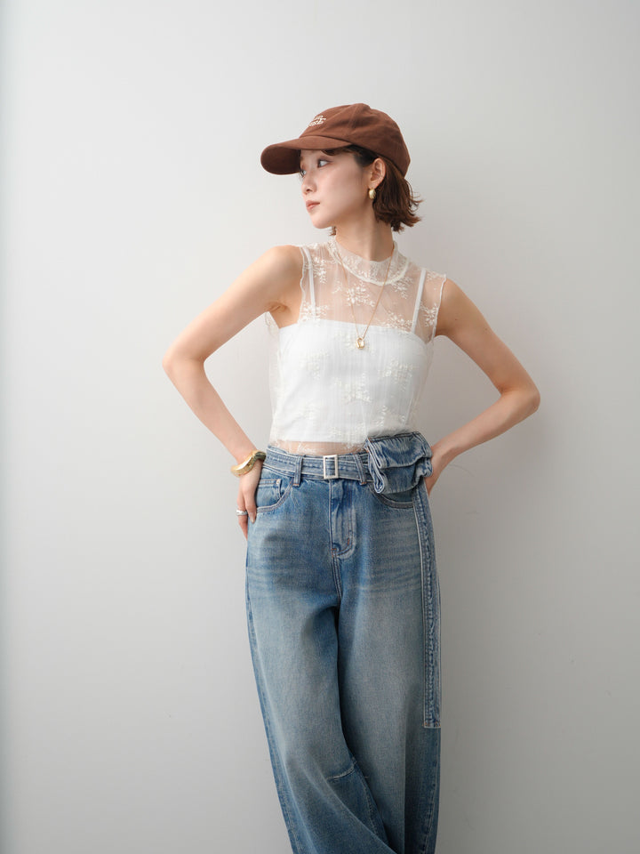 [SET]シースルーストレッチレースノースリトップス+デニムポーチ付ニータックワイドデニムパンツ(2set)