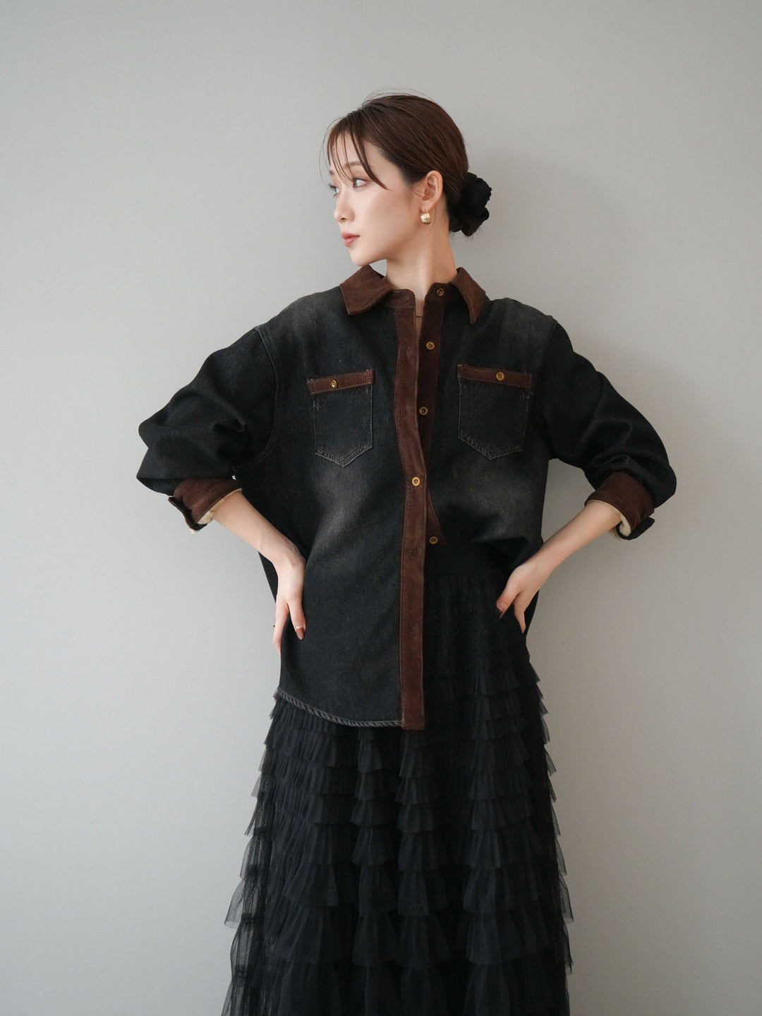 [予約]裏起毛コーデュロイ襟デニムシャツジャケット/black