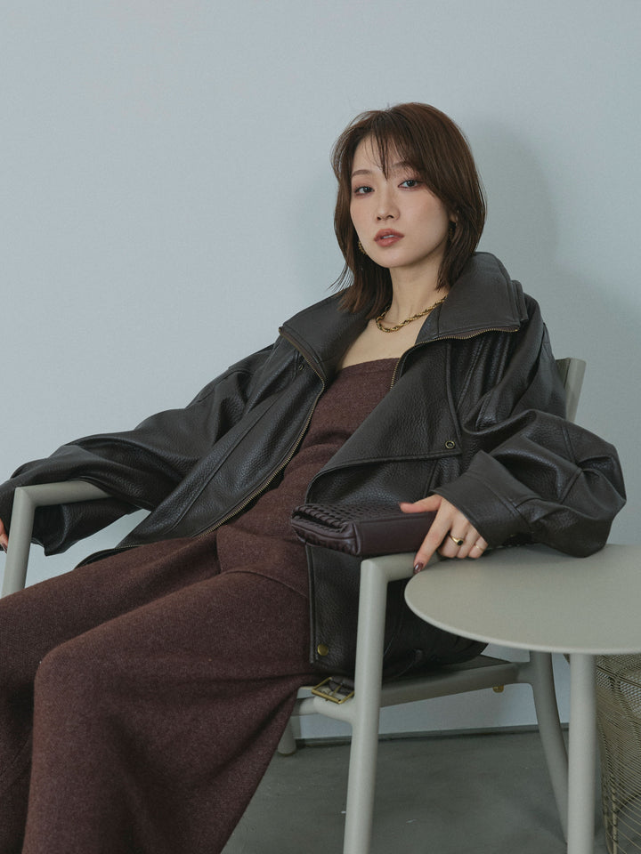 【Allure】[SET]ニットベアトップ＆ワイドパンツSET UP+スタンドカラーレザーブルゾン(2set)