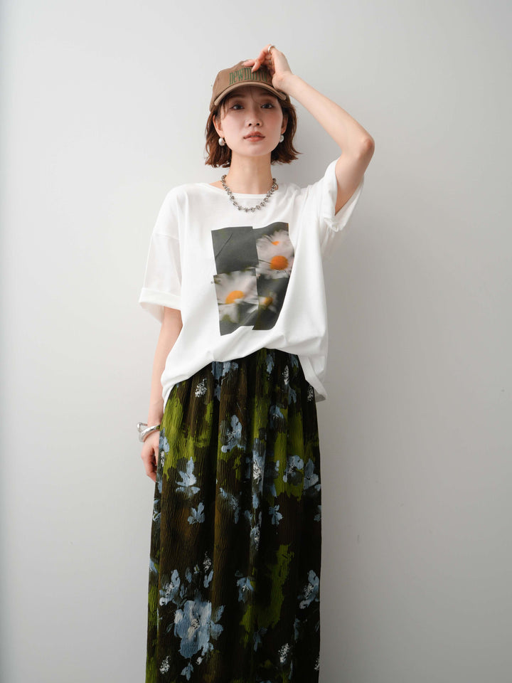 【着回しセット】フラワーフォトTEE+フラワープリントドレープタックパンツ+フラワープリントIラインギャザースカート(3set)