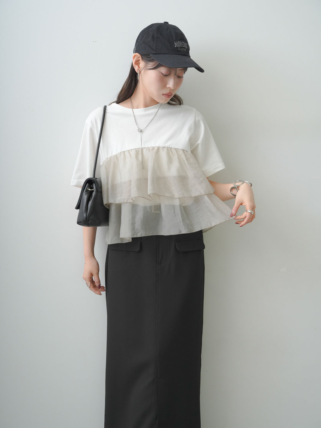 [SET]オーガンジーフリルドッキングTEE+クレープデシンフラップ付きストレートスカート(2set)