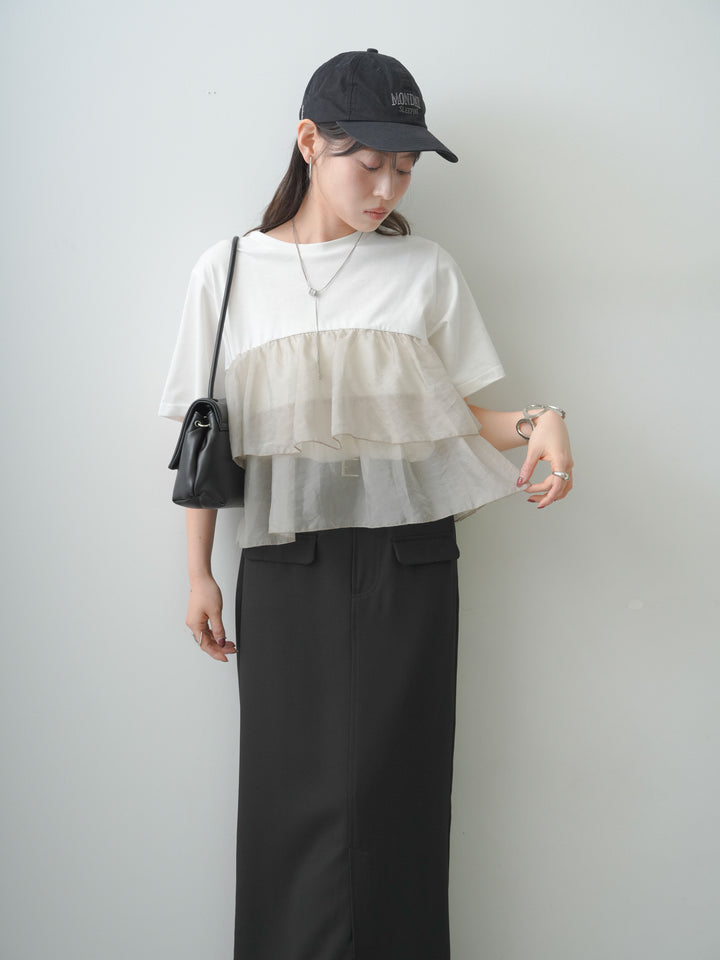 [SET]オーガンジーフリルドッキングTEE+クレープデシンフラップ付きストレートスカート(2set)