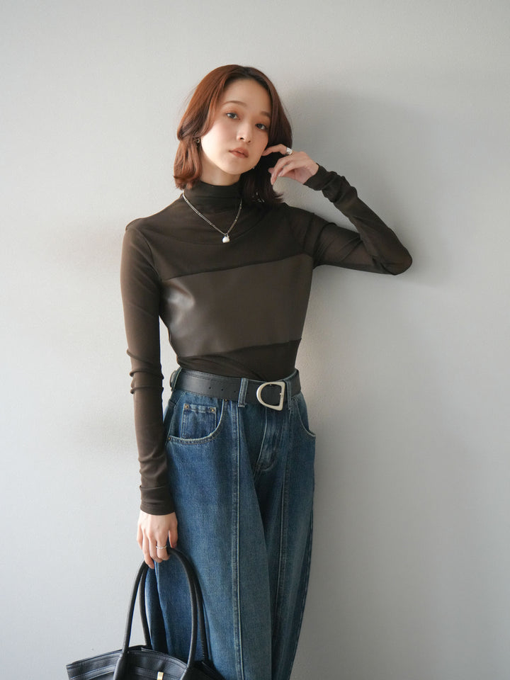 [予約]レザー切替プチネックシアートップス/khaki