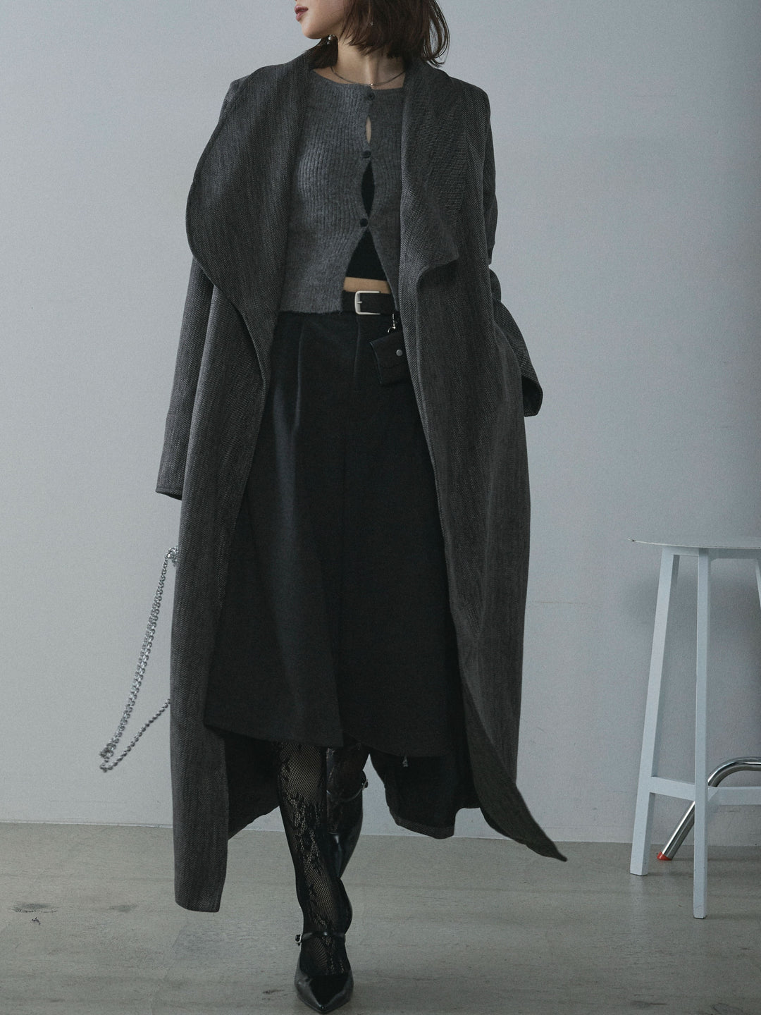 【Allure】[SET]ツイードタッチロングコート+デザインショートニットカーディガン(2set)