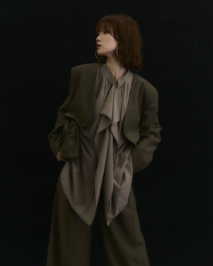 【Allure】[SET]ヘリンボーンショートジャケット＆ワイドパンツSET UP+ピーチスキンデザインネックオーバーシャツ(2set)