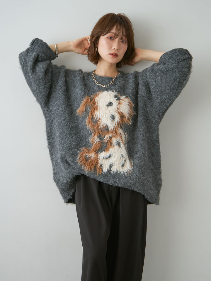 [SET]シャギードッグモチーフニットトップス+ベルトループデザインワイドパンツ(2set)