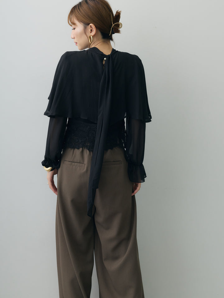 [予約]レースヘムケープデザインシアーブラウス/black