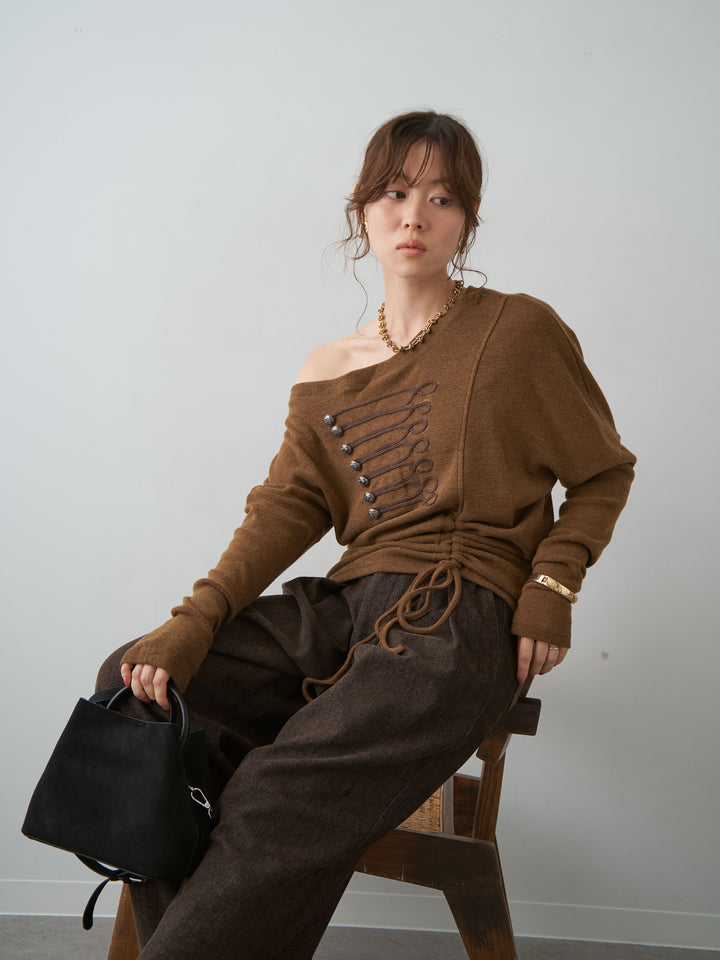 [予約]ナポレオンサイドギャザーワイドネックトップス/brown