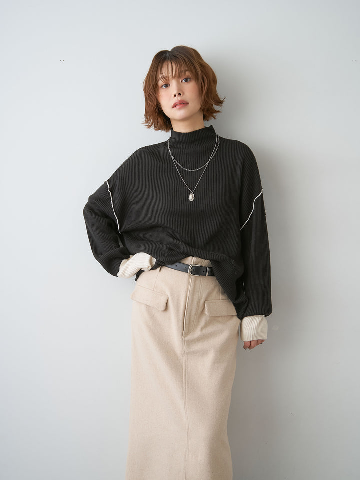 [SET]バイカラーモックネックリブニットトップス+メルトンフラップ付ストレートスカート(2set)
