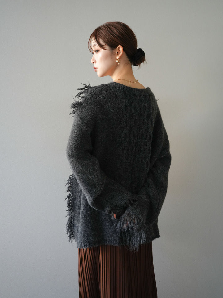 [予約]レースアップフリンジニットプルオーバー/gray