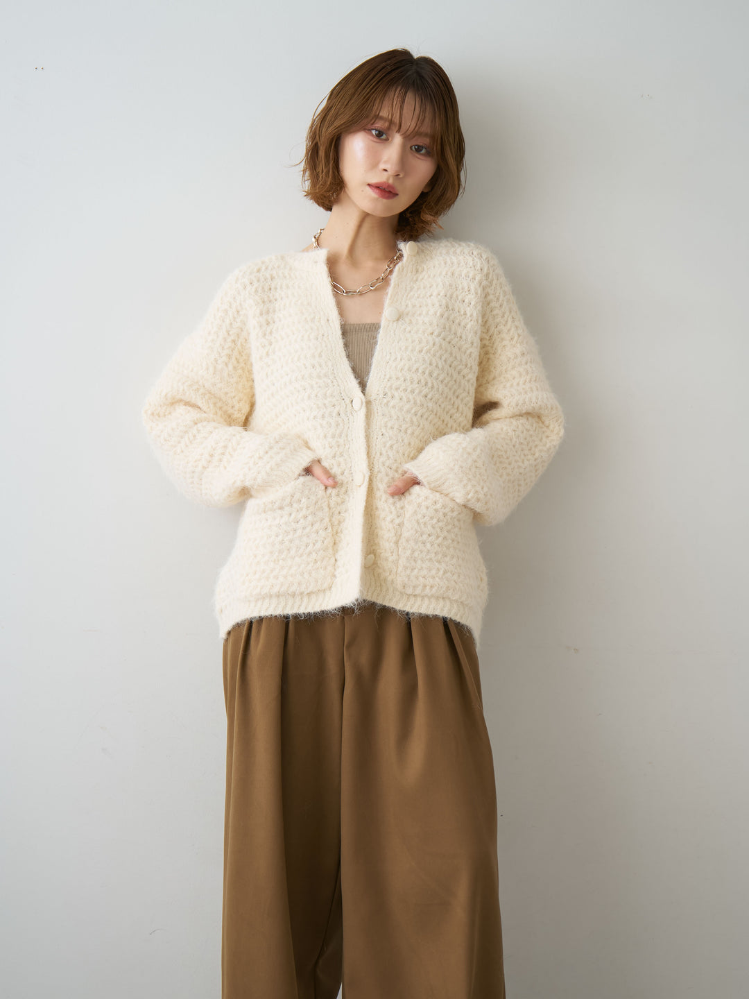 [SET]ポケット付ローゲージカーディガン+ダブルタックドレープストレートワイドパンツ(2set)