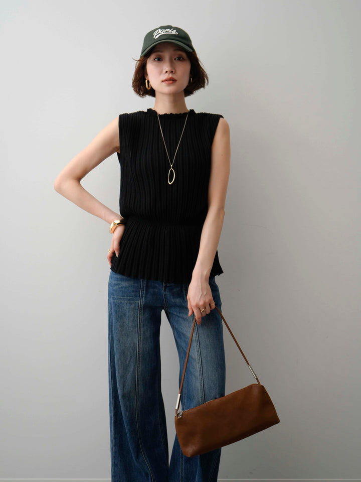 [予約]ウエストギャザーリブニットノースリトップス/black