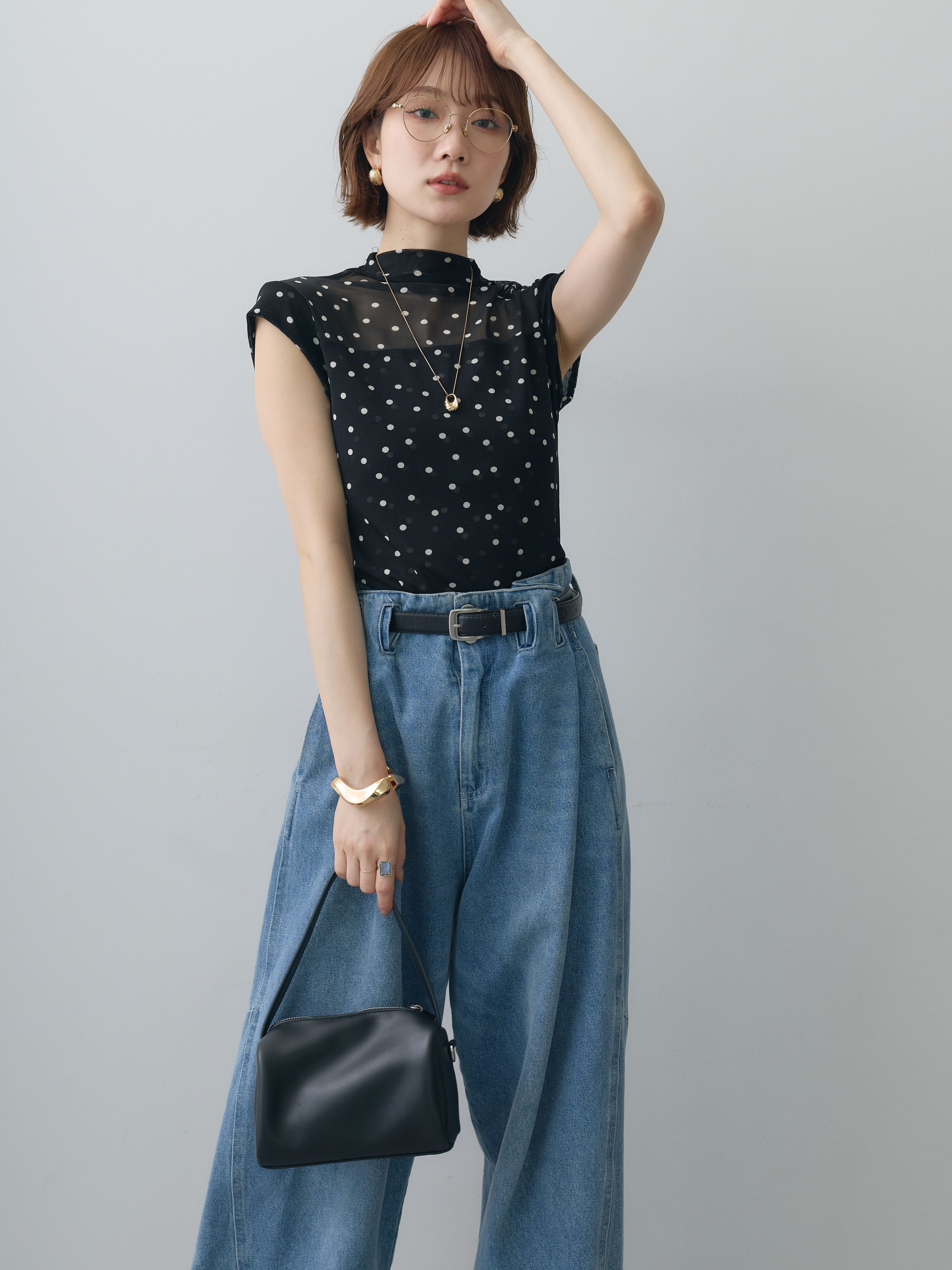 デニムトップス　トップスのみ 予約]プチネックドットシアートップス/black – Lumier