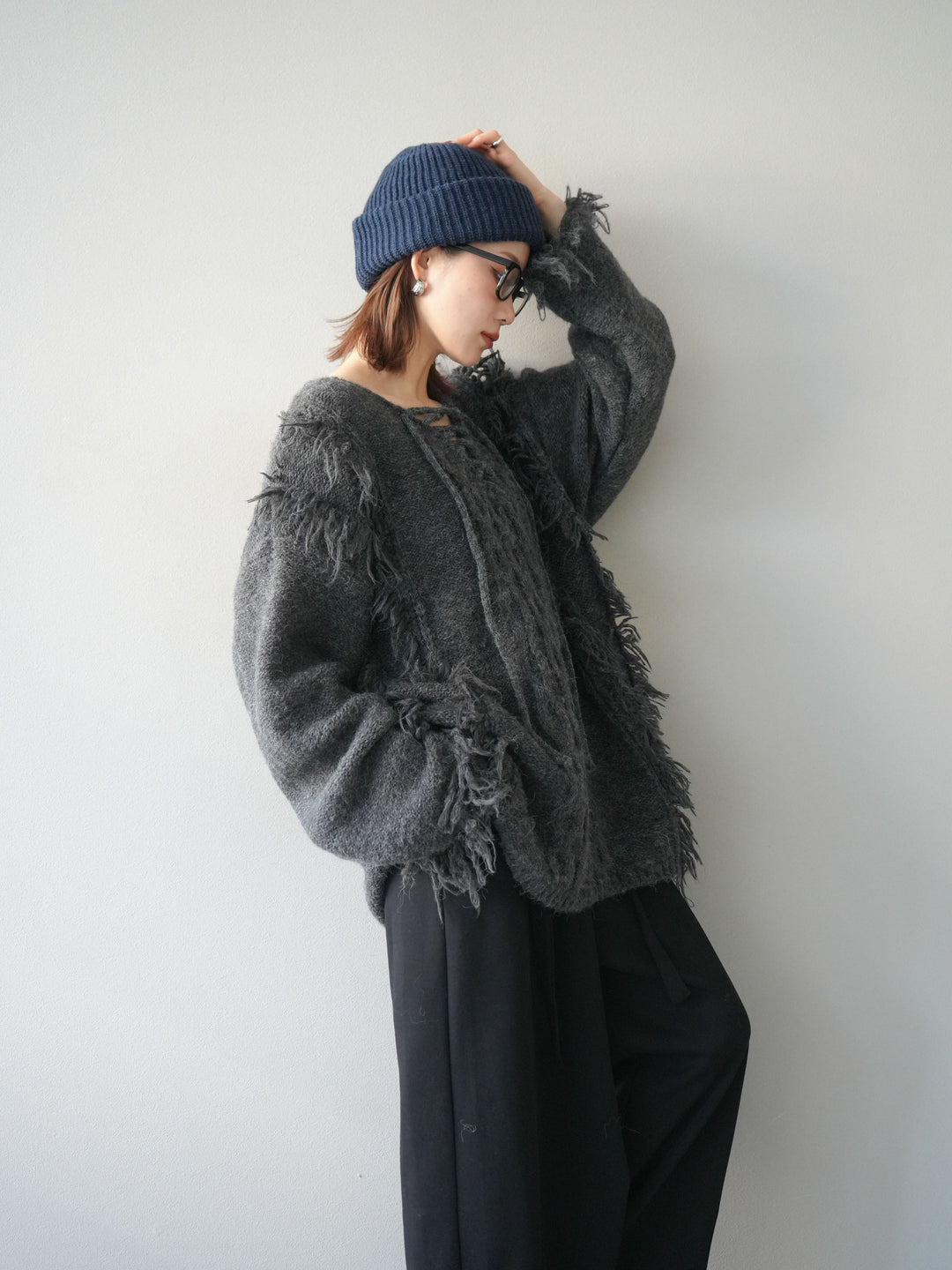 [予約]レースアップフリンジニットプルオーバー/gray