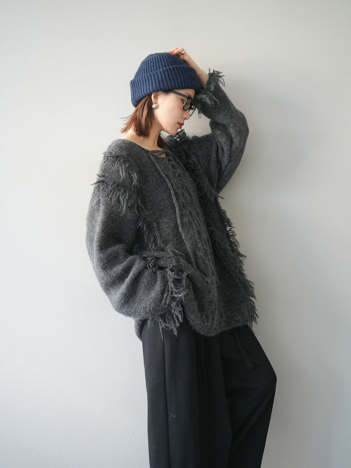 [予約]レースアップフリンジニットプルオーバー/gray
