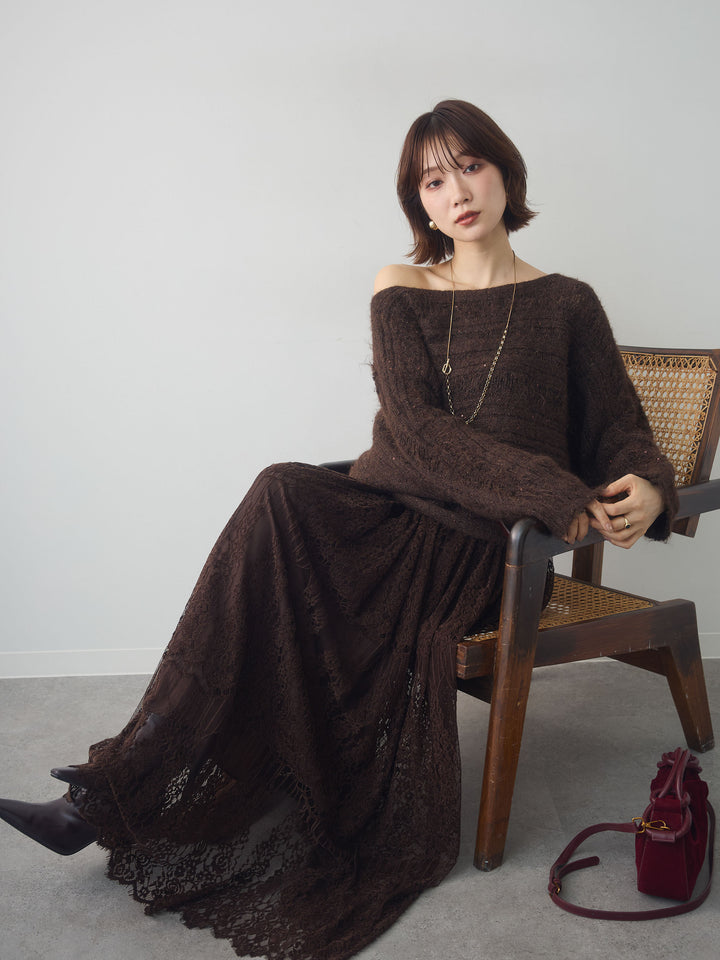 [SET]ミックス透かし編ワイドネックニットトップス+ベロアレースドレープフレアスカート(2set)