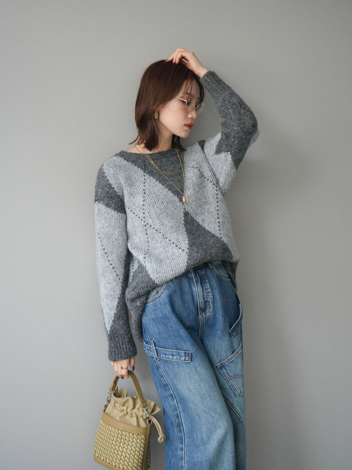 [予約]アーガイルオーバーニットプルオーバー/gray