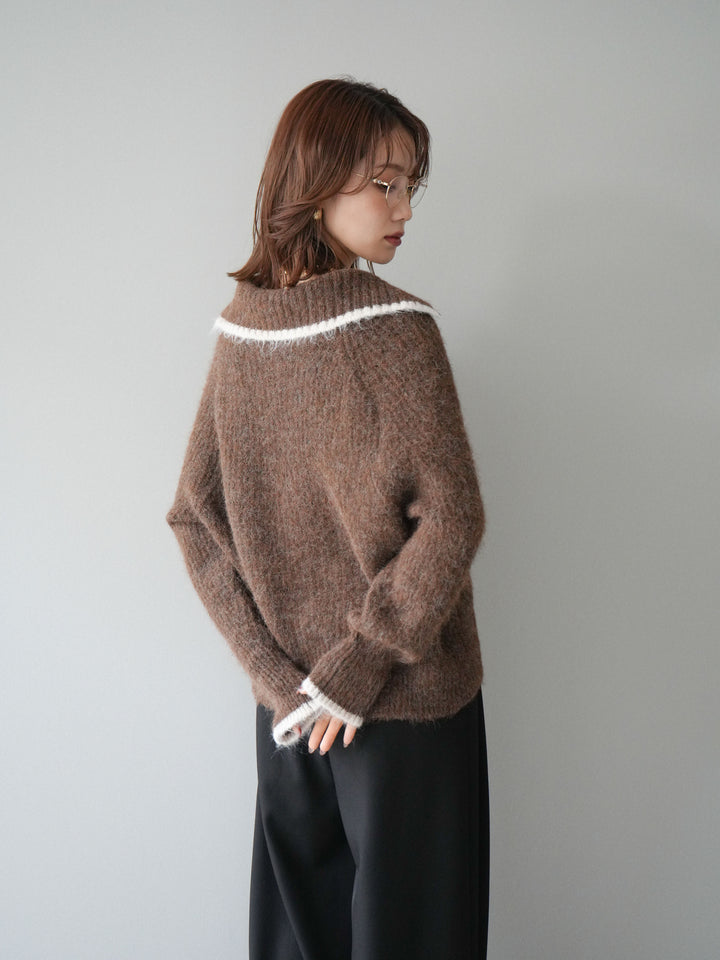 [予約]襟付きバイカラーミックスニットカーディガン/brown