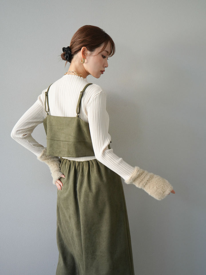 [SET]スウェードビスチェ+アームシャギーランダムリブニットトップス+スウェードIラインスカート(3set)