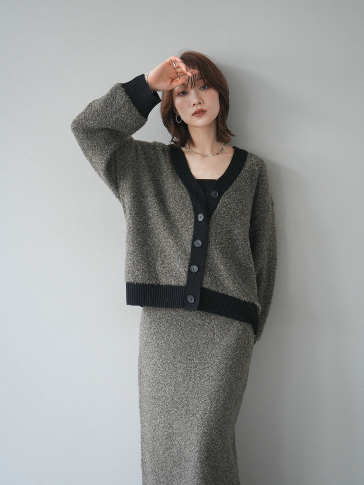 [SET]ブークレバイカラーニットカーディガン+ブークレバイカラータイトニットスカート(2set)