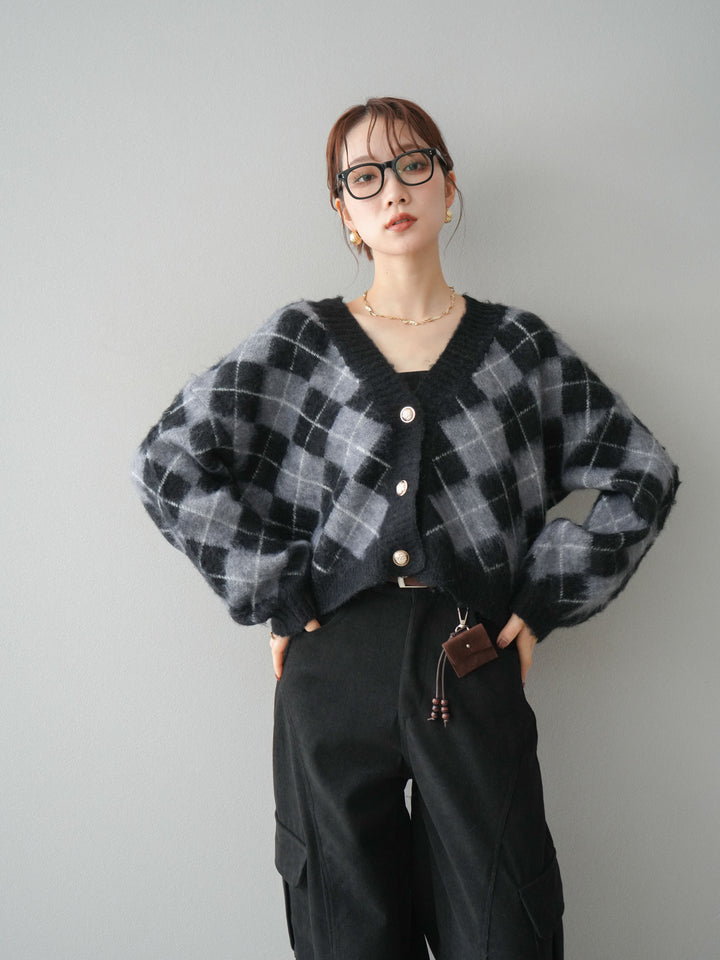 [予約]アーガイルシャギーニットカーディガン/gray