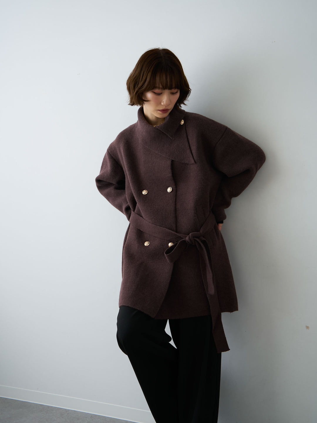 [SET]ゴールドボタンミディアムニットコート+ベルトループデザインワイドパンツ(2set)