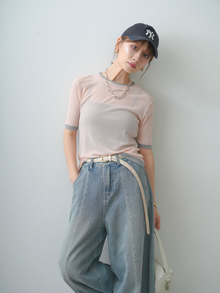 [SET]トリムレイヤードシアー半袖トップス+フロントビジューカーブデニムパンツ(2set)