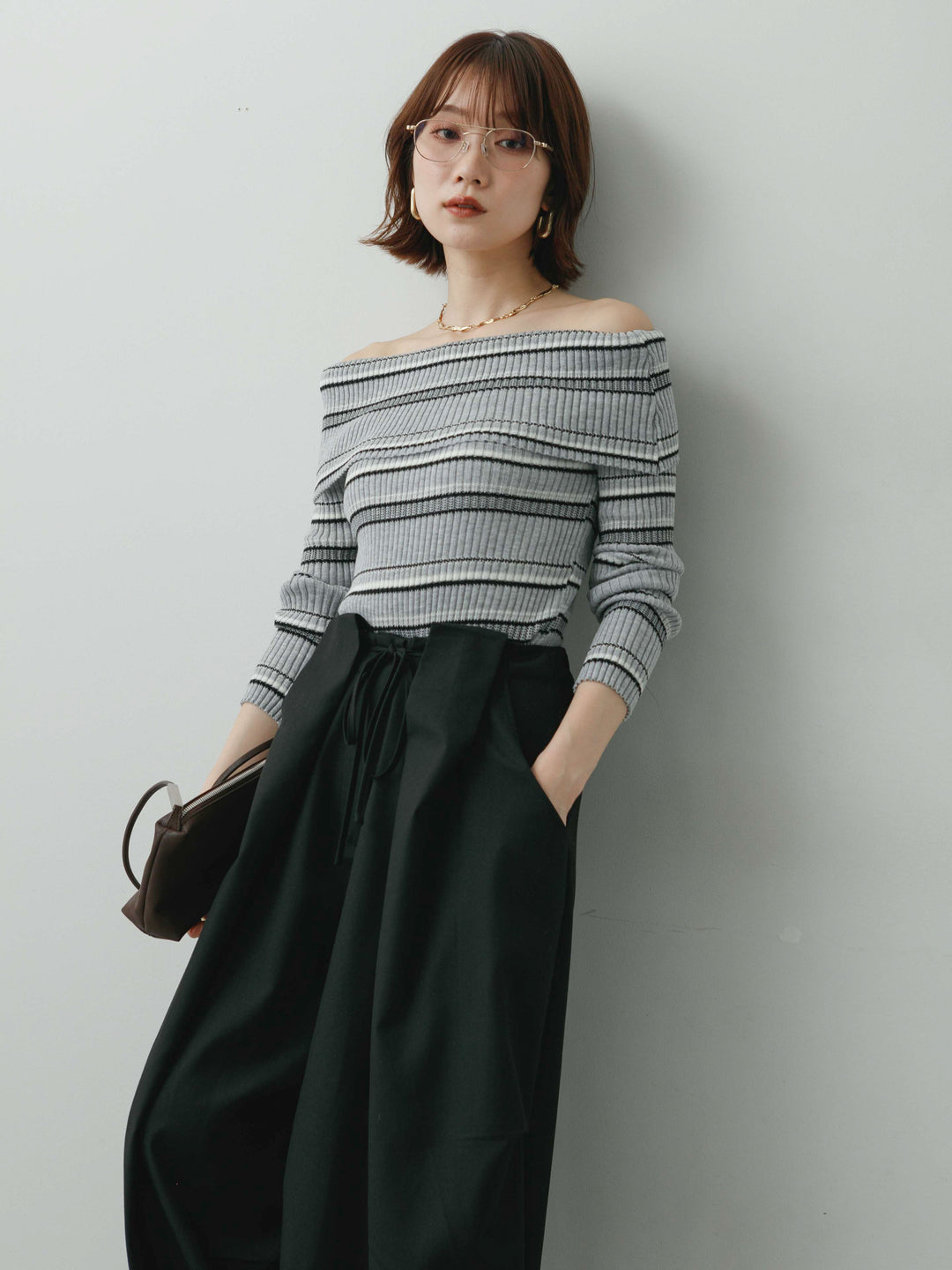 [予約]マルチボーダーオフショルニットトップス/gray