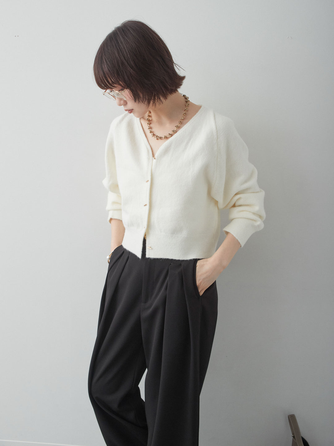 [SET]ゴールドラインボタンカーディガン+クレープデシンタックワイドパンツ(2set)