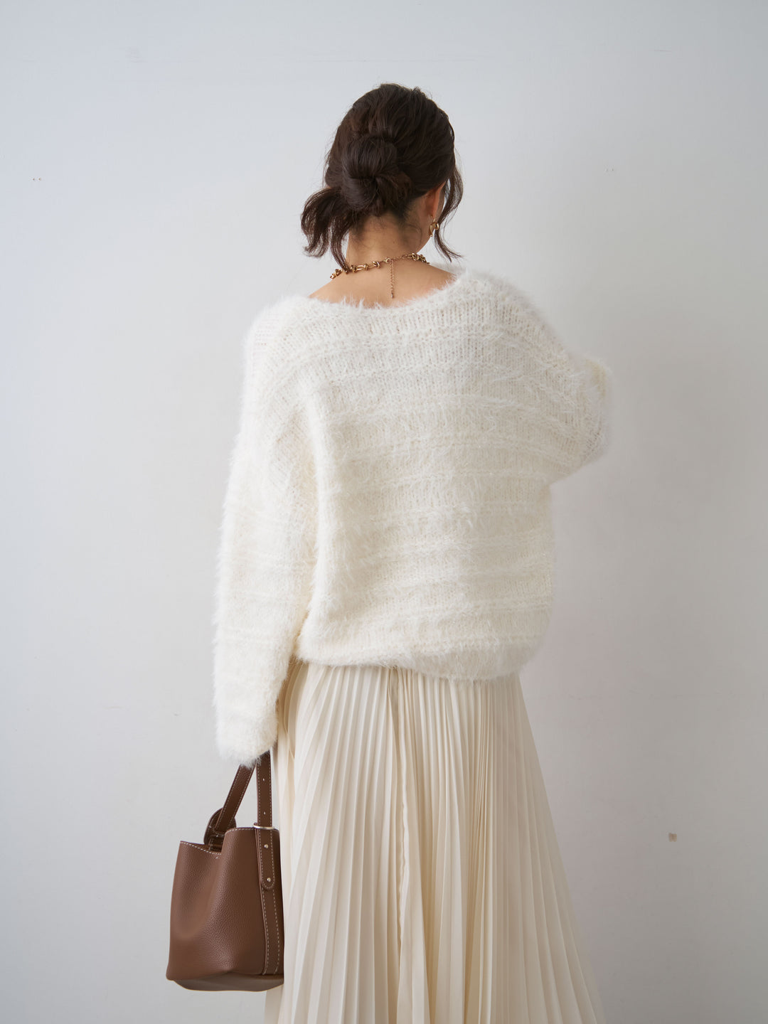 [予約]ボーダー編みラメニットトップス/white