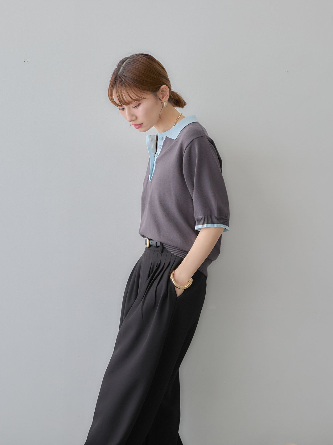 [予約]クールタッチバイカラーハーフニットポロ/charcoal