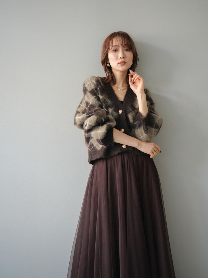 [予約]アーガイルシャギーニットカーディガン/brown