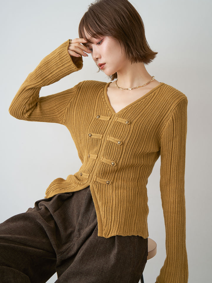 [SET]ナポレオンVネックリブニットトップス+ベロアデニムタックワイドパンツ(2set)