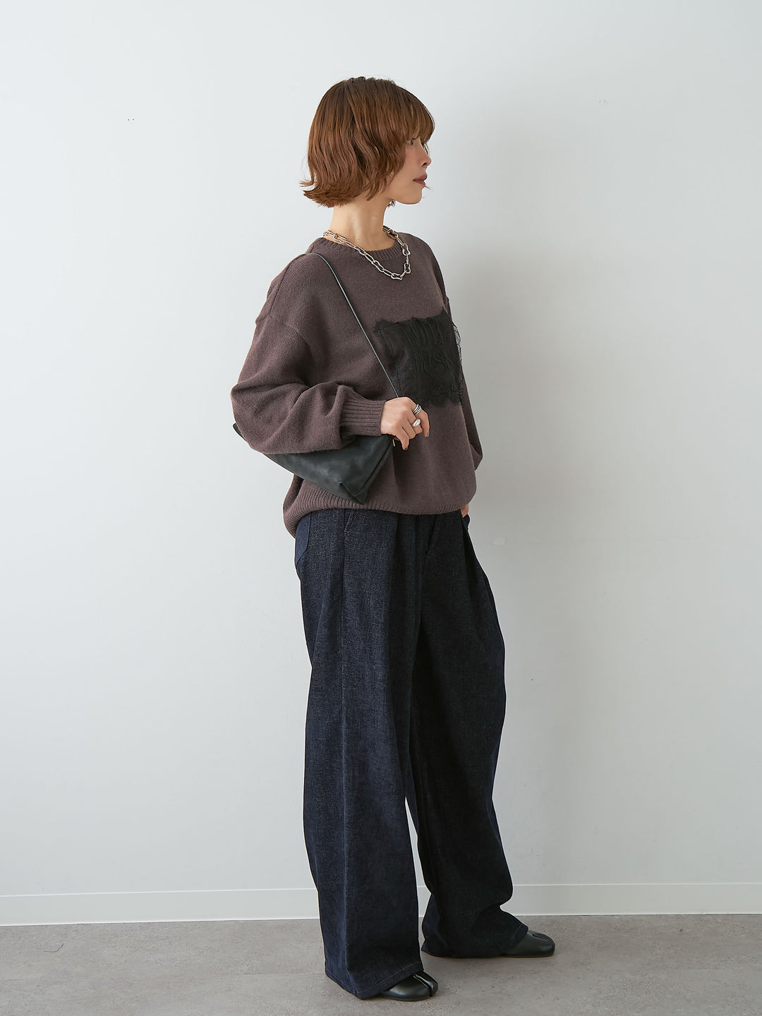 [SET]アルパカタッチ刺繍レースロゴニットプルオーバー+ベロアデニムタックワイドパンツ(2set)
