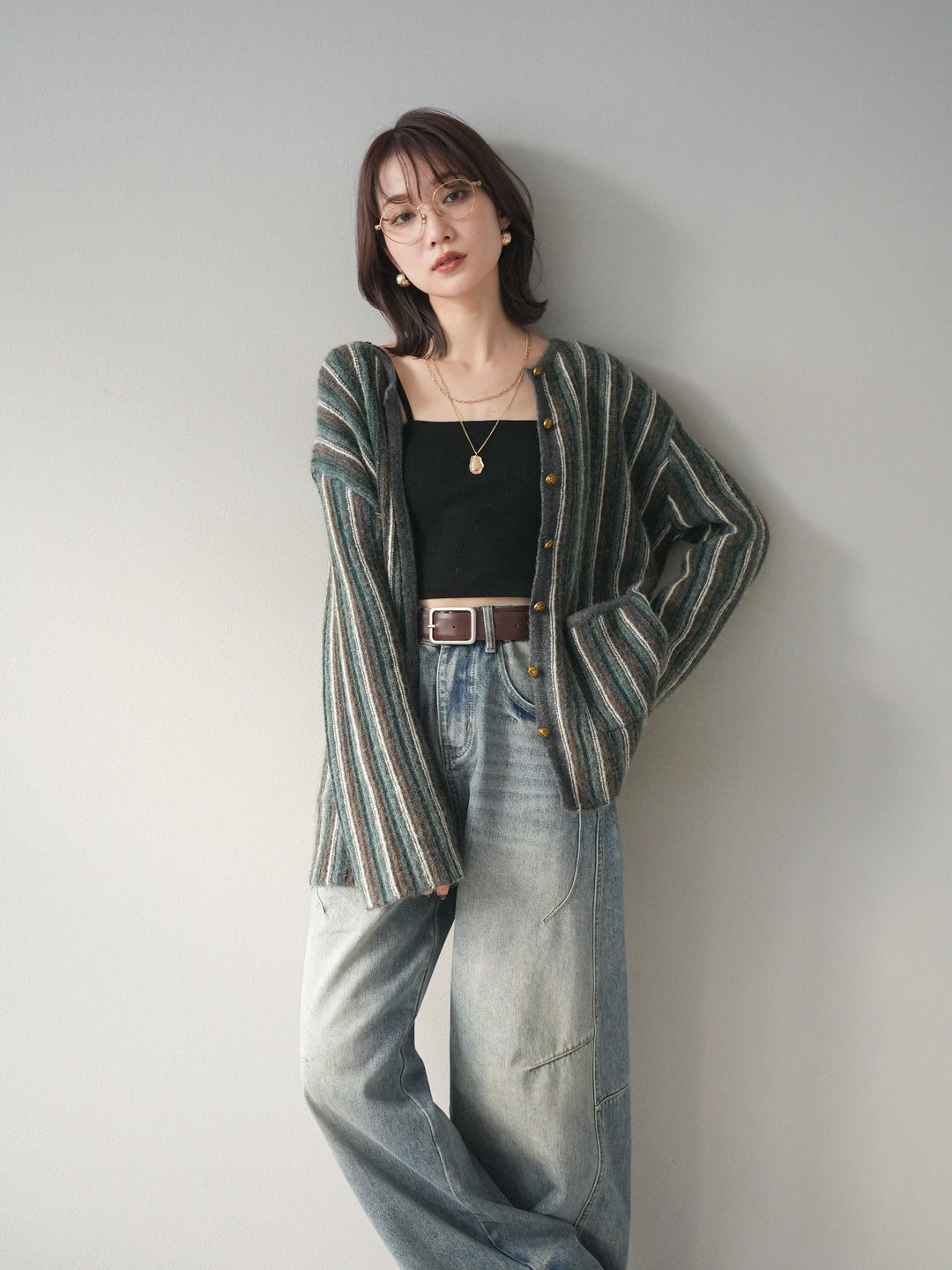 [予約]アンティークボタンストライプニットカーディガン/charcoal