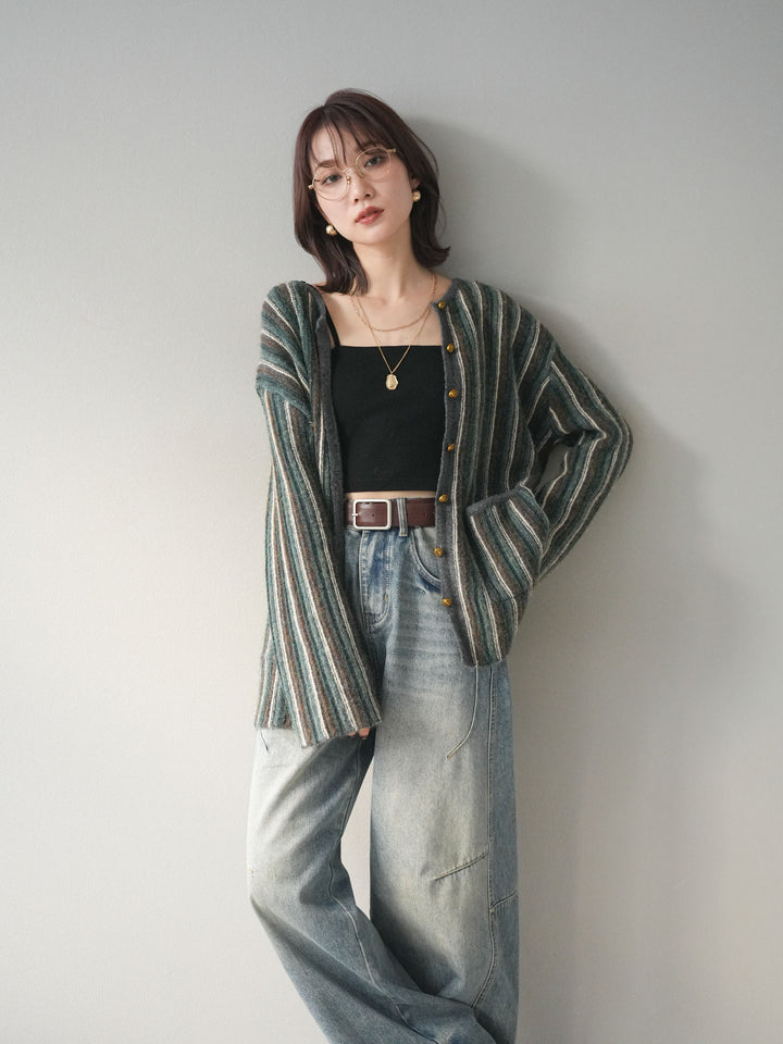 [予約]アンティークボタンストライプニットカーディガン/charcoal