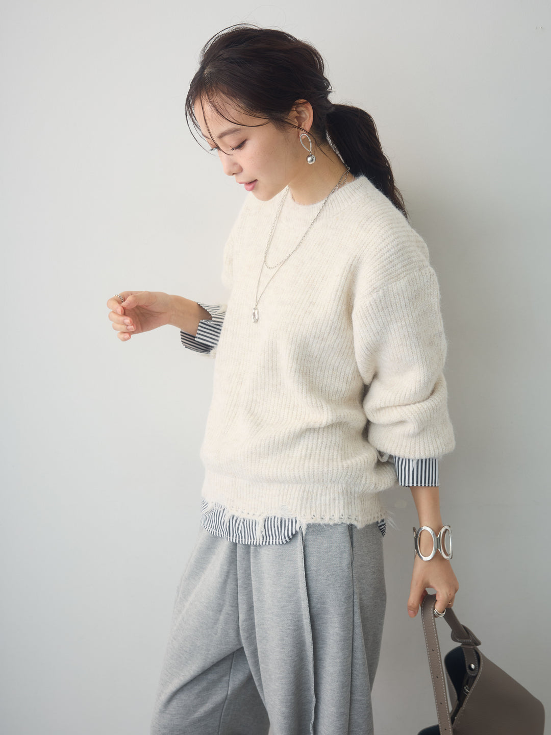 [SET]シャツレイヤードデザインモヘアプルオーバー+2WAYデザインスウェットパンツ(2set)