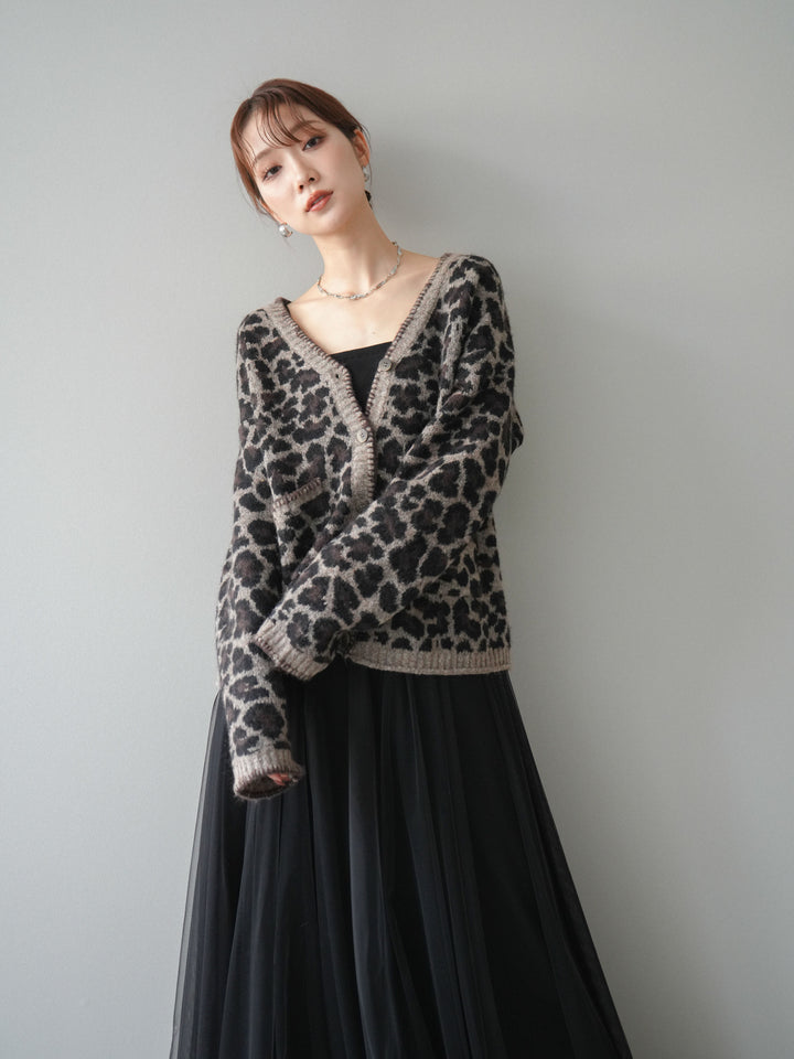 [予約]アニマル柄ステッチニットカーディガン/brown