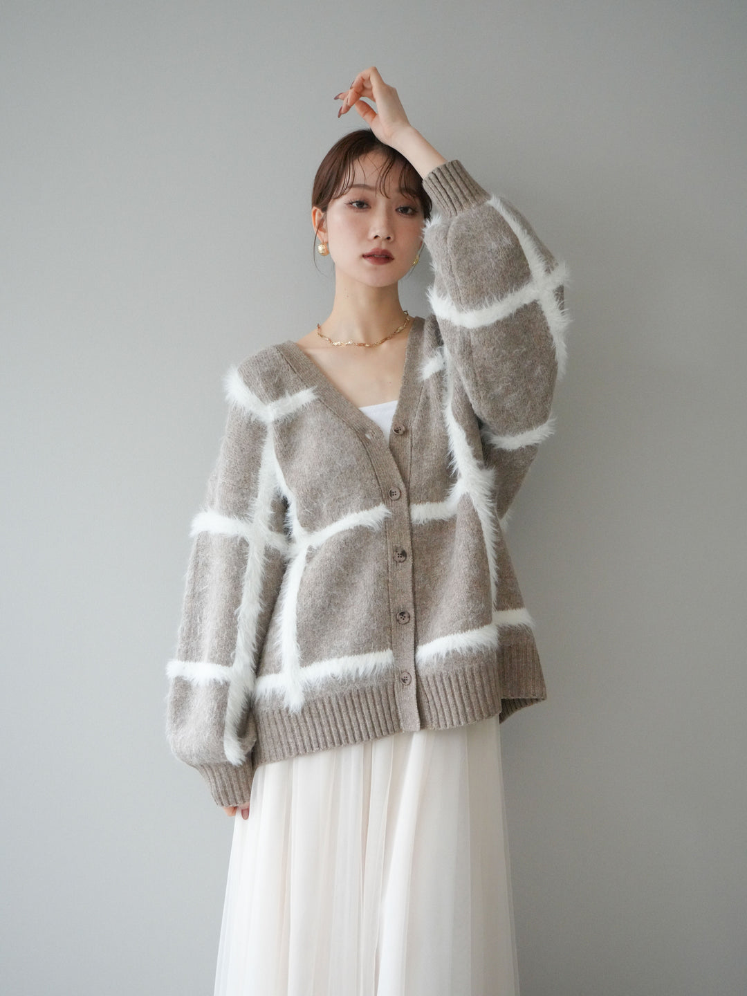 [予約]ミックスシャギーチェックカーディガン/beige