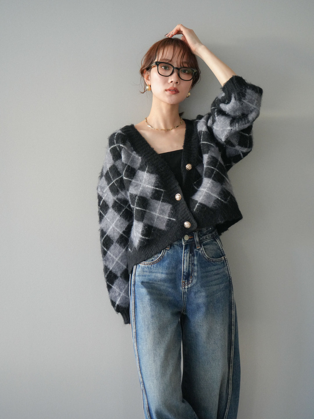 [予約]アーガイルシャギーニットカーディガン/gray