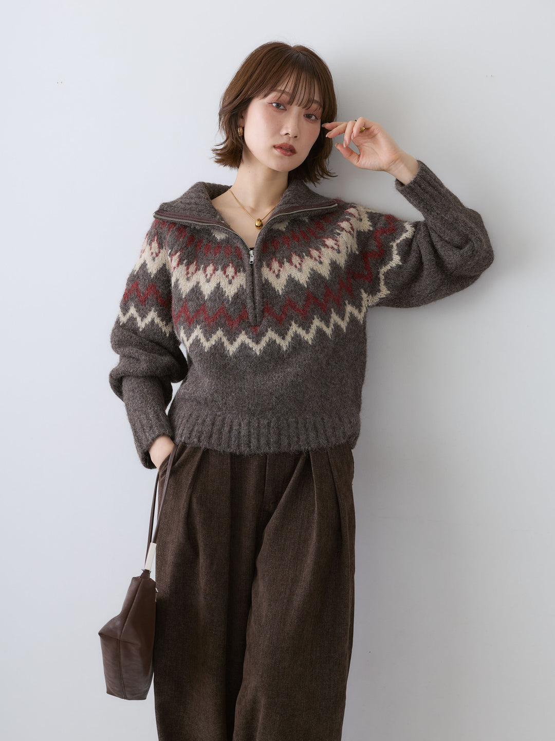 [予約]ノルディックハーフジップニットトップス/brown