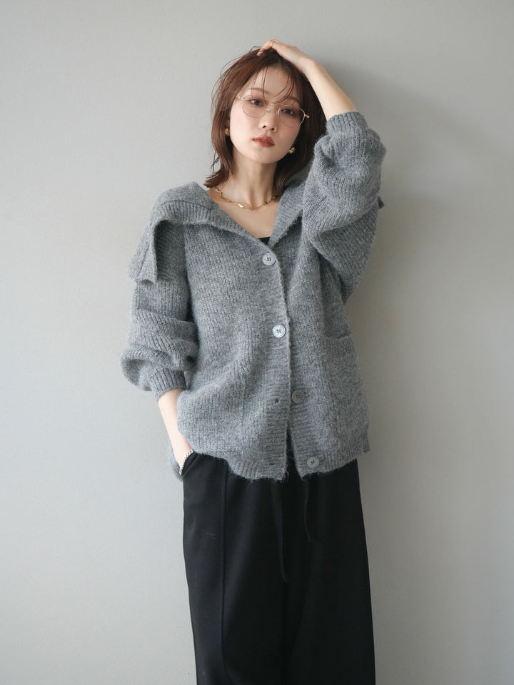 [予約]襟付きボタンオーバーニットカーディガン/gray