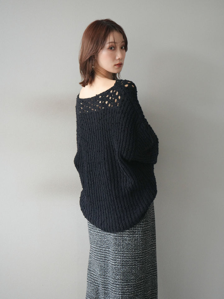 [予約]ボートネック透かし編みニットプルオーバー/navy