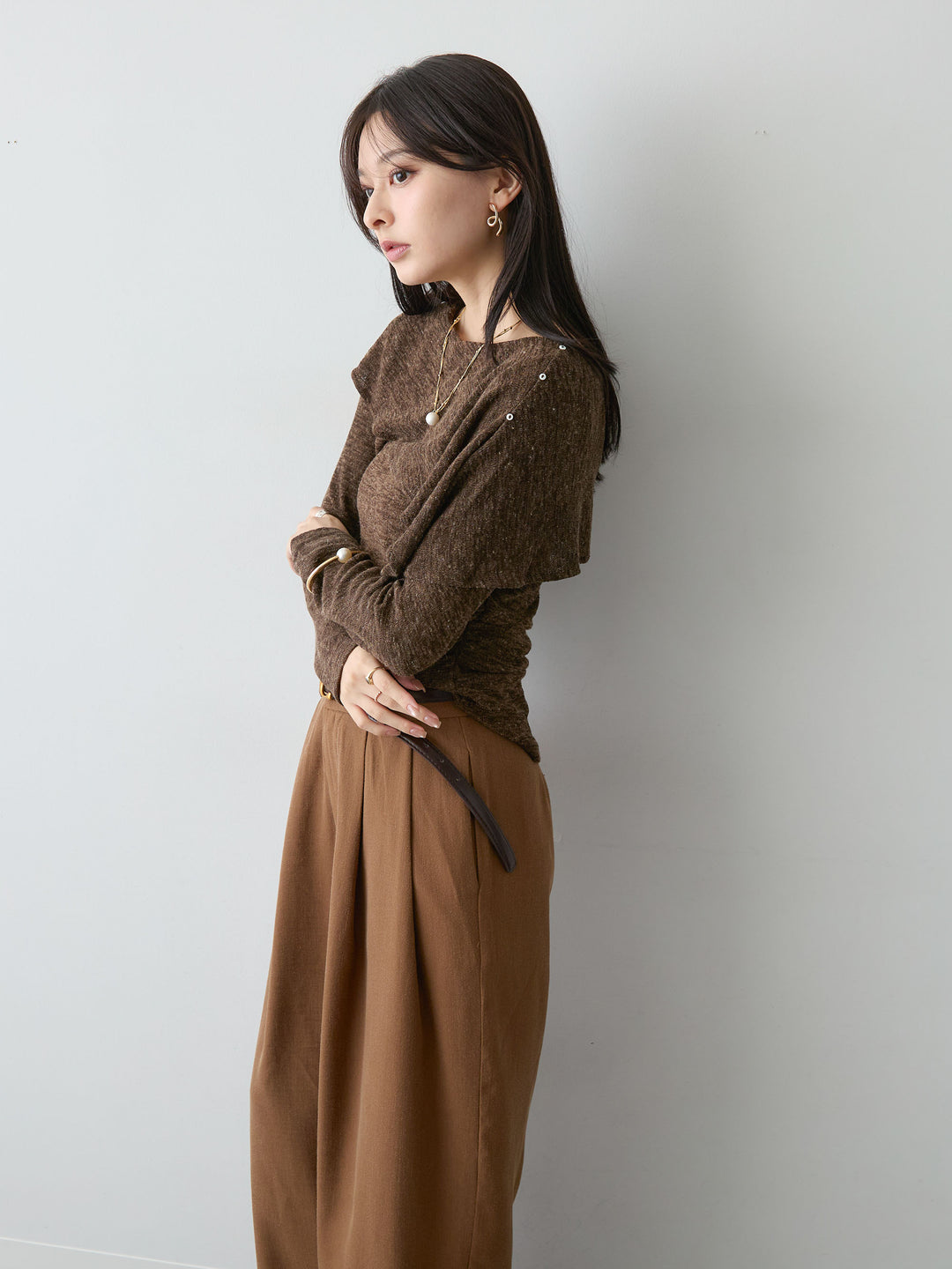 [予約]ウエストレースドレープワイドパンツ/camel