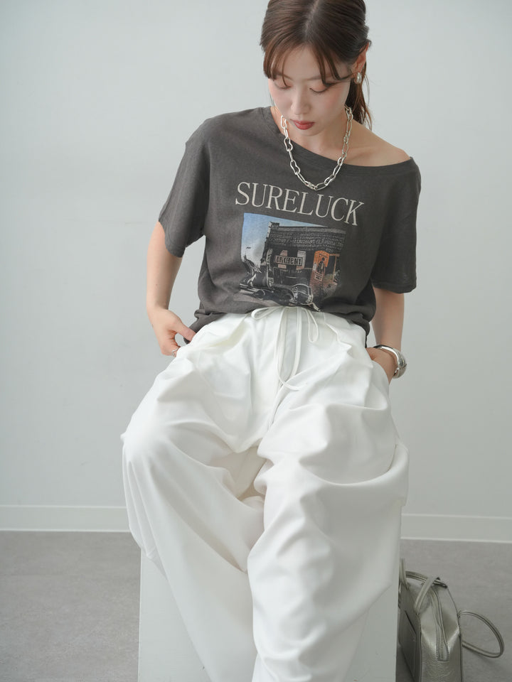[SET]ワイドネックプリントTEE+ベルトループカーブタックワイドパンツ(2set)