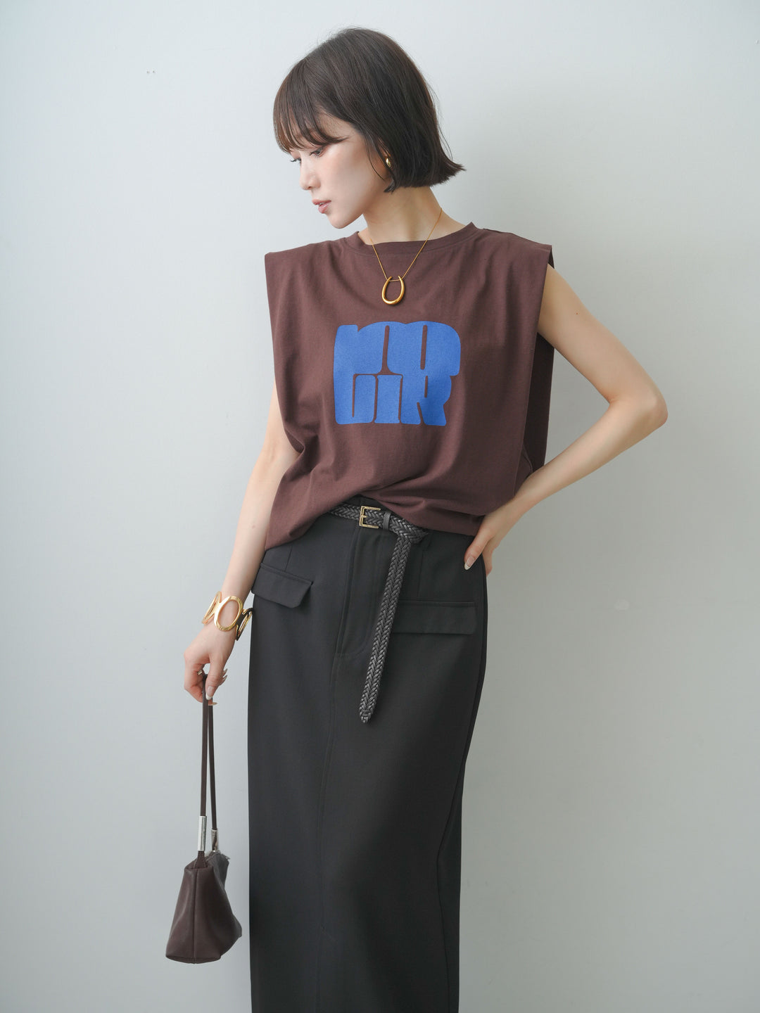 [予約]ショルダータックノースリーブオーバーTEE/brown