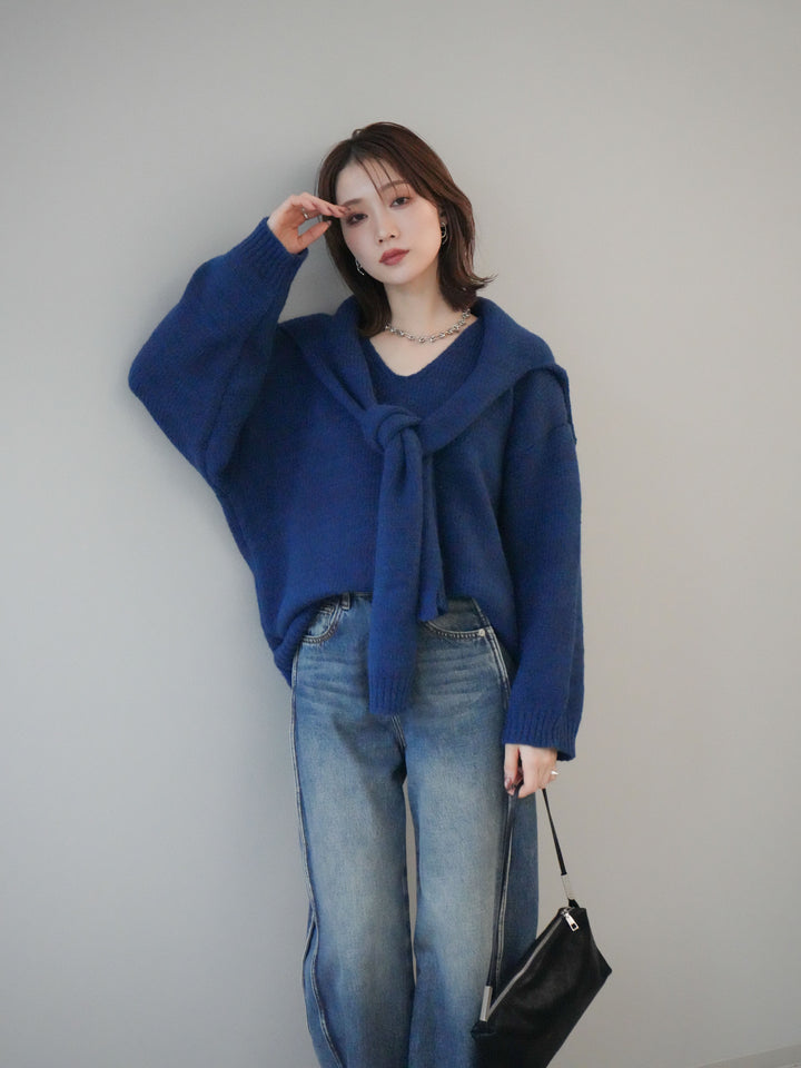 [予約]ストール付きVネックニットプルオーバー/blue